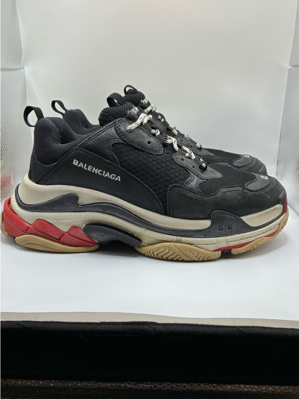 Balenciaga Triple S Black Cream and Red Chunky Sneakers